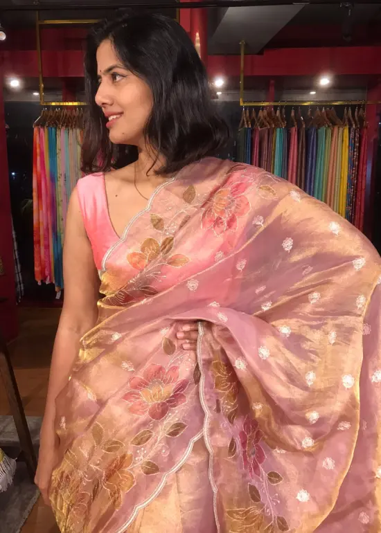 Nude Pink Hand Painted Embroidered Tissue Silk Saree highlighted with Scalloped Border