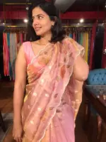 Nude Pink Hand Painted Embroidered Tissue Silk Saree highlighted with Scalloped Border - Image 3