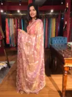 Nude Pink Hand Painted Embroidered Tissue Silk Saree highlighted with Scalloped Border - Image 2