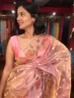 Nude Pink Hand Painted Embroidered Tissue Silk Saree highlighted with Scalloped Border - Image 5