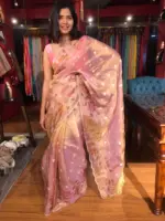 Nude Pink Hand Painted Embroidered Tissue Silk Saree highlighted with Scalloped Border - Image 8