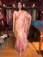 Nude Pink Hand Painted Embroidered Tissue Silk Saree highlighted with Scalloped Border - Image 7