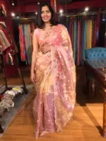 Nude Pink Hand Painted Embroidered Tissue Silk Saree highlighted with Scalloped Border - Image 9