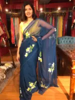 Ocean Blue Handpainted Chiffon Saree - Image 3