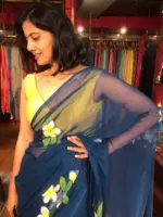 Ocean Blue Handpainted Chiffon Saree