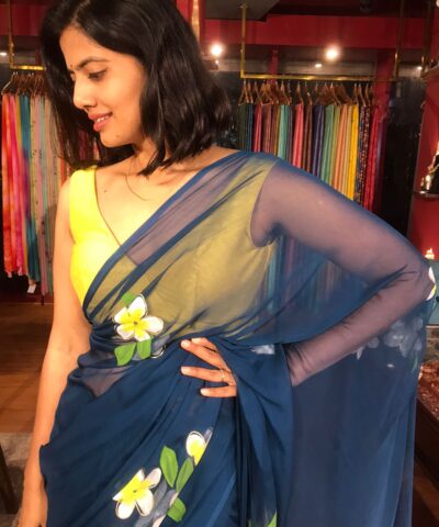 Ocean Blue Handpainted Chiffon Saree
