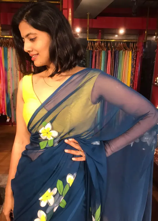 Ocean Blue Handpainted Chiffon Saree
