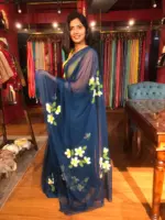 Ocean Blue Handpainted Chiffon Saree - Image 4