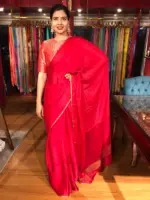 Red Chiffon Silk Saree with Gold Zari Piping - Image 2
