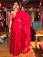 Red Chiffon Silk Saree with Gold Zari Piping - Image 5