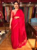 Red Chiffon Silk Saree with Gold Zari Piping - Image 6