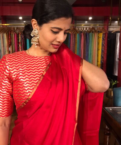 Red Chiffon Silk Saree with Gold Zari Piping