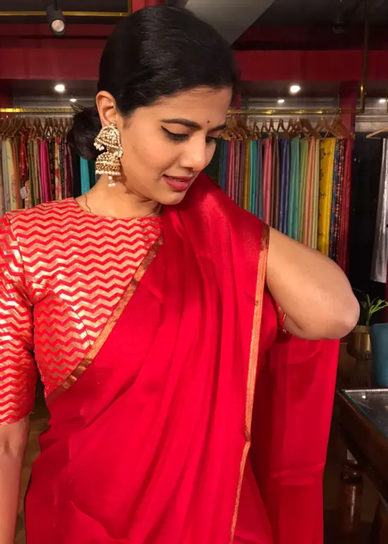 Red Chiffon Silk Saree with Gold Zari Piping