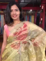 Pista Green Hand Embroidered and Hand painted Tissue Silk Saree highlighted with Scalloped Border - Image 2