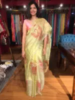 Pista Green Hand Embroidered and Hand painted Tissue Silk Saree highlighted with Scalloped Border - Image 5