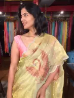 Pista Green Hand Embroidered and Hand painted Tissue Silk Saree highlighted with Scalloped Border - Image 4