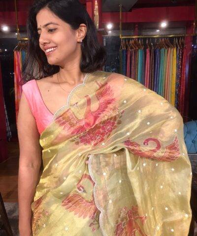 Pista Green Hand Embroidered and Hand painted Tissue Silk Saree highlighted with Scalloped Border