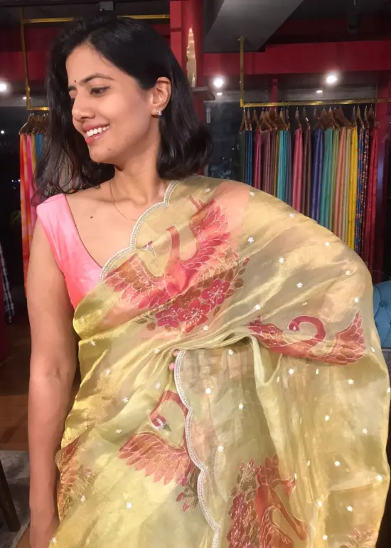 Pista Green Hand Embroidered and Hand painted Tissue Silk Saree highlighted with Scalloped Border