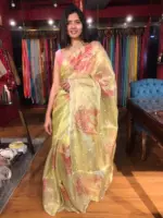 Pista Green Hand Embroidered and Hand painted Tissue Silk Saree highlighted with Scalloped Border - Image 7
