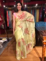 Pista Green Hand Embroidered and Hand painted Tissue Silk Saree highlighted with Scalloped Border - Image 6