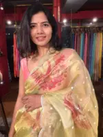 Pista Green Hand Embroidered and Hand painted Tissue Silk Saree highlighted with Scalloped Border - Image 8