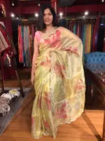 Pista Green Hand Embroidered and Hand painted Tissue Silk Saree highlighted with Scalloped Border - Image 9