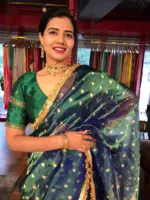 Peacock Dual Tone Tissue Silk Saree highlighted with Zari Motifs and Gota Border - Image 5