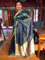 Peacock Dual Tone Tissue Silk Saree highlighted with Zari Motifs and Gota Border - Image 4