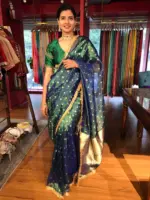 Peacock Dual Tone Tissue Silk Saree highlighted with Zari Motifs and Gota Border - Image 6