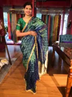 Peacock Dual Tone Tissue Silk Saree highlighted with Zari Motifs and Gota Border - Image 10