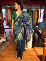 Peacock Dual Tone Tissue Silk Saree highlighted with Zari Motifs and Gota Border - Image 8