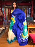 Royal Blue Handpainted Pure Silk Saree - Image 4