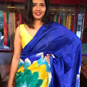 Royal Blue Handpainted Pure Silk Saree