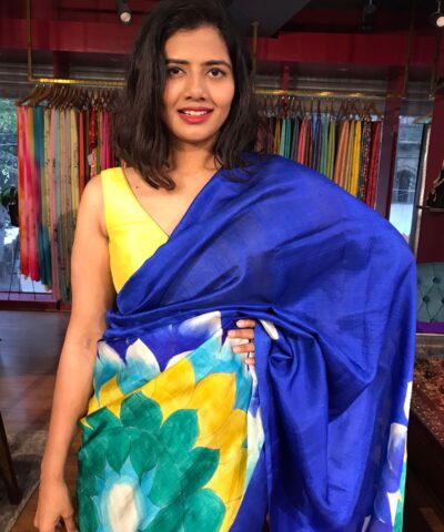 Royal Blue Handpainted Pure Silk Saree