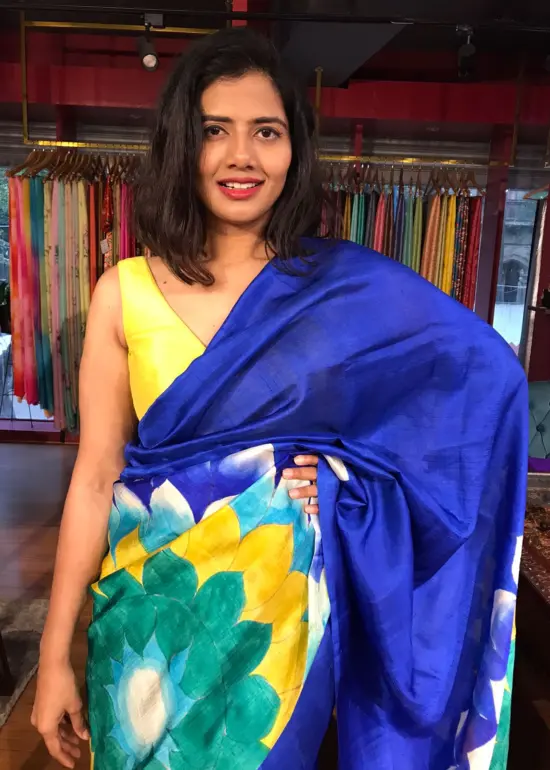 Royal Blue Handpainted Pure Silk Saree