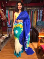 Royal Blue Handpainted Pure Silk Saree - Image 2