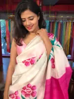 Ivory Pure Silk Saree beautifully Handpainted with Florals - Image 2