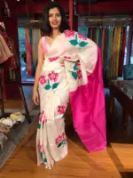 Ivory Pure Silk Saree beautifully Handpainted with Florals - Image 4