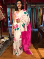 Ivory Pure Silk Saree beautifully Handpainted with Florals - Image 5