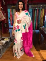 Ivory Pure Silk Saree beautifully Handpainted with Florals - Image 3