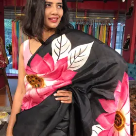 Pink Sunflower Handpainted Silk Saree