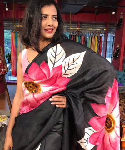 Pink Sunflower Handpainted Silk Saree