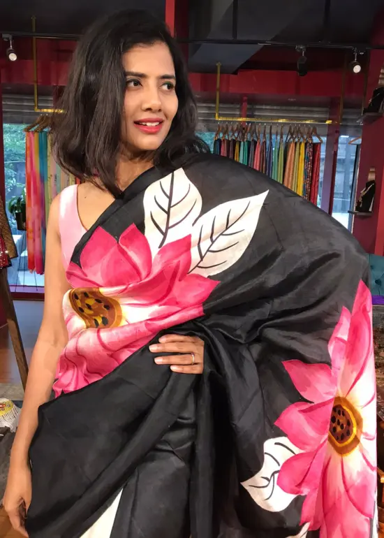 Pink Sunflower Handpainted Silk Saree