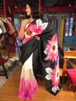 Pink Sunflower Handpainted Silk Saree - Image 3