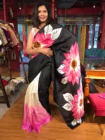Pink Sunflower Handpainted Silk Saree - Image 2