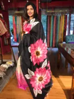Pink Sunflower Handpainted Silk Saree - Image 4