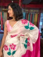 Ivory Pure Silk Saree beautifully Handpainted with Florals