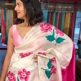 Ivory Pure Silk Saree beautifully Handpainted with Florals