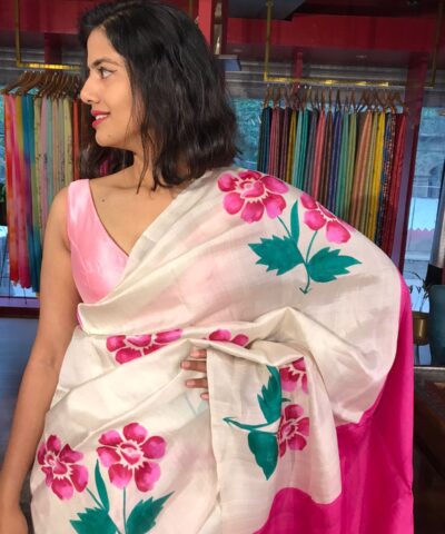 Ivory Pure Silk Saree beautifully Handpainted with Florals