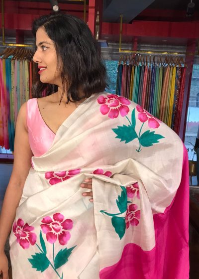 Ivory Pure Silk Saree beautifully Handpainted with Florals